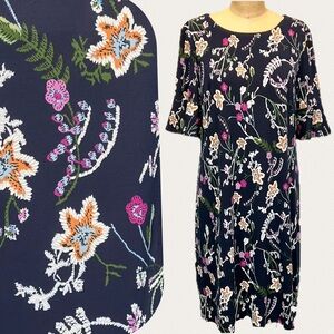 woodland botanical moody floral dress stretchy midi shift ruffle sleeve flowers‎